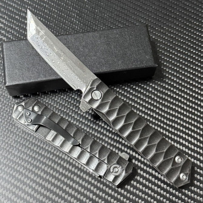 8'' New Damascus Blade Full Steel handle Camping Folding Knife VTF51M